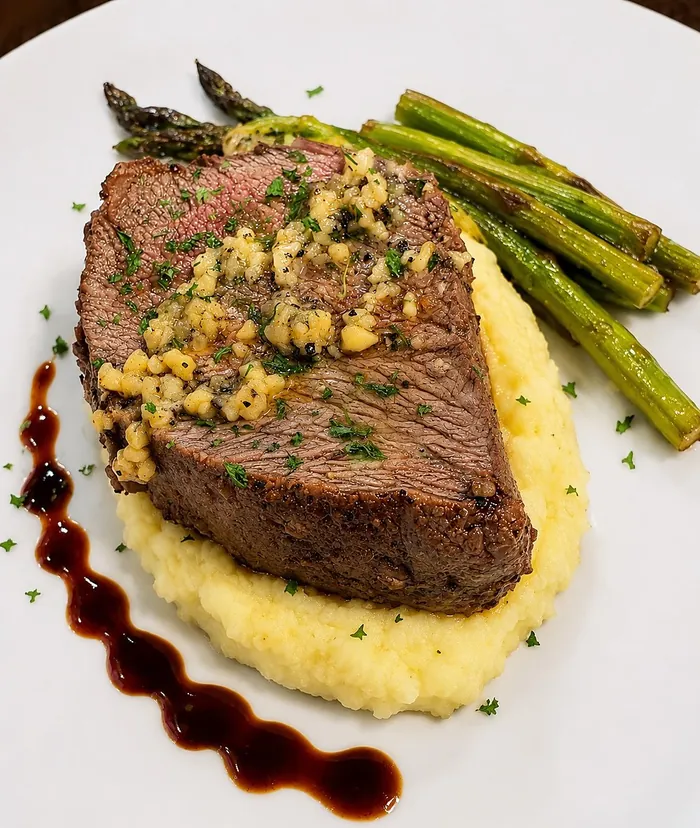 Filet on mashed potatoes with asparagus and a red wine reduction