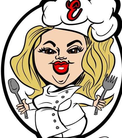 The MaMa E's mascot: Emily drawn as a chef with a spoon and fork