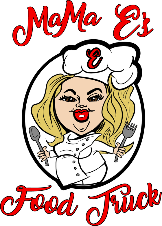 The original MaMa E's Food Truck logo, Emily drawn as a chef with a spoon and fork