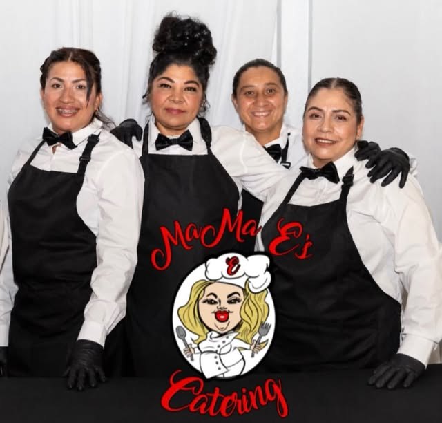 The MaMa E's crew: four team members in branded catering aprons
