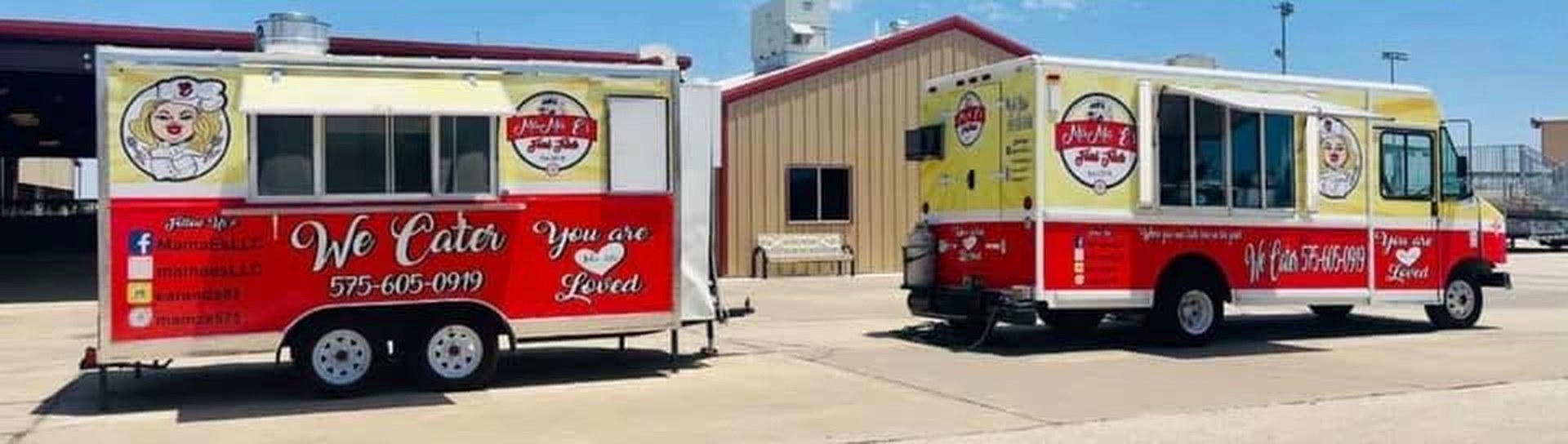 The MaMa E's trucks, painted with We Cater and the phone number